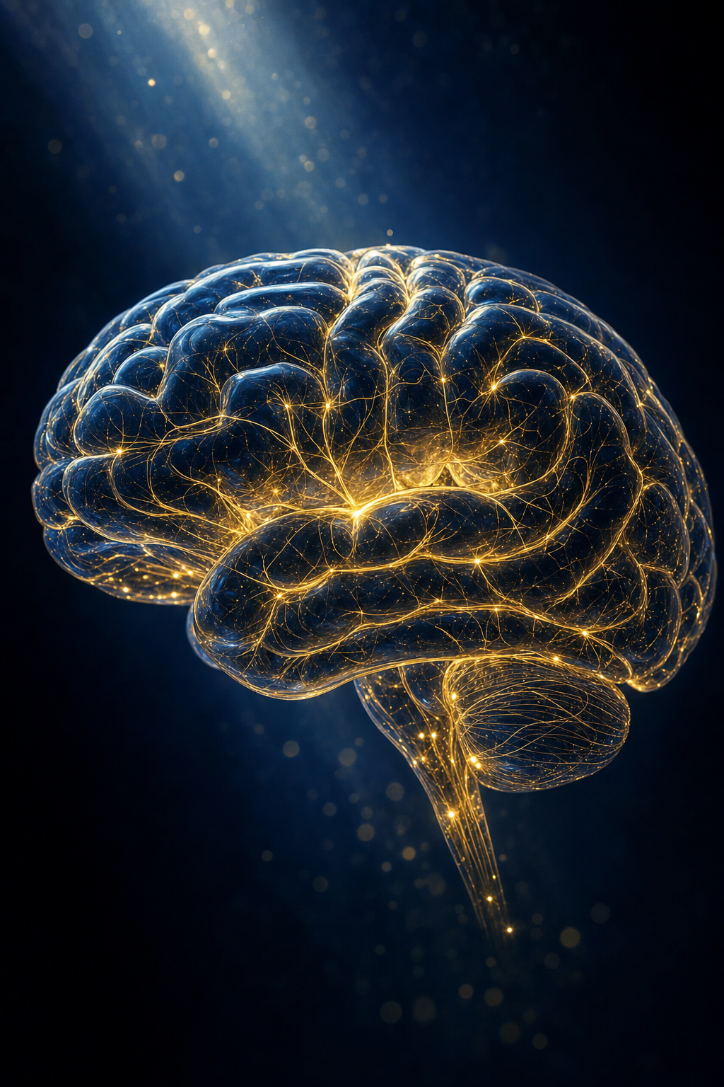 Illustrative human brain with golden neural pathways representing precision brain health medicine