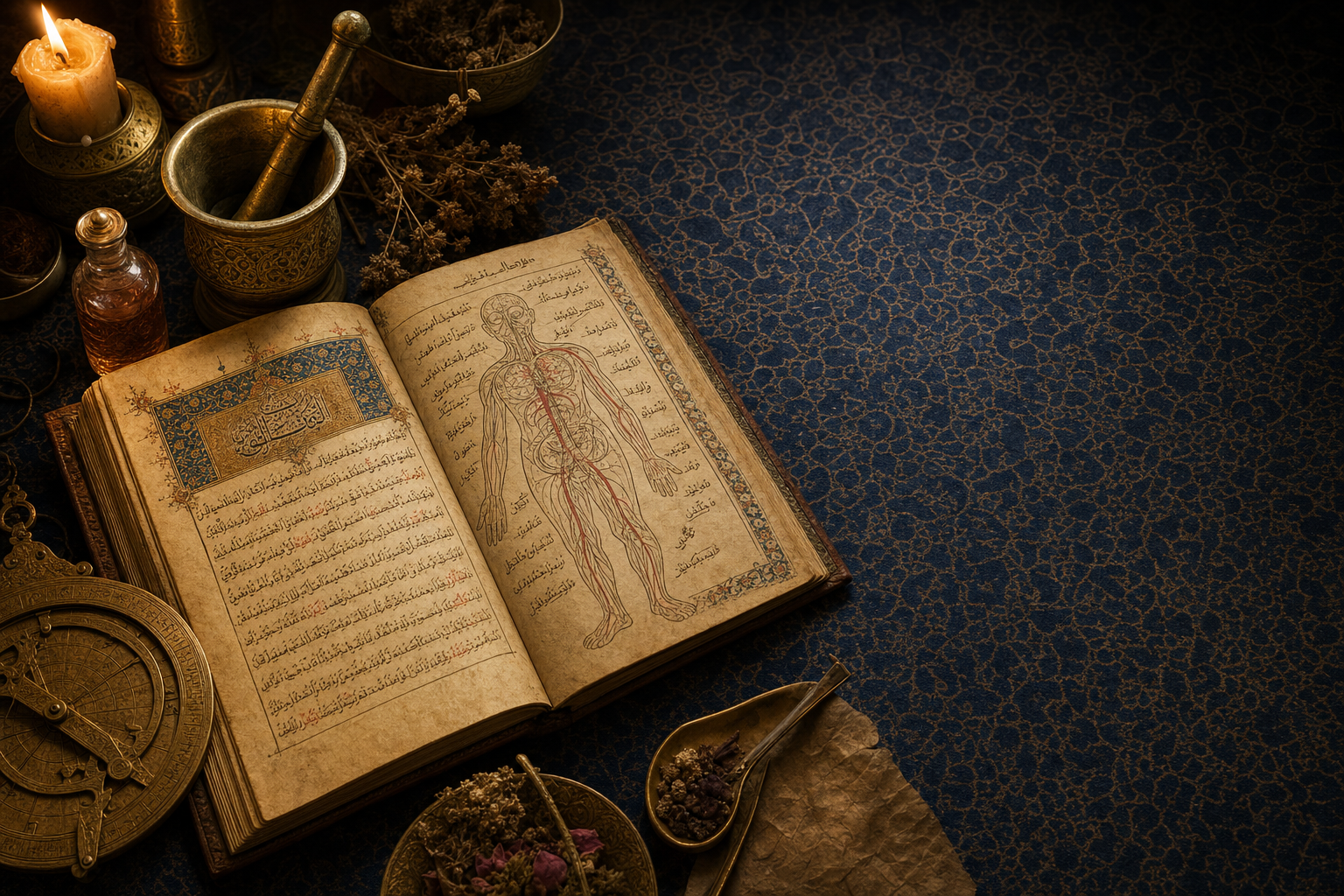 Illuminated Islamic Golden Age medical manuscript with anatomical diagram, brass astrolabe, mortar and pestle, and candlelight – evoking centuries of Arab medical scholarship