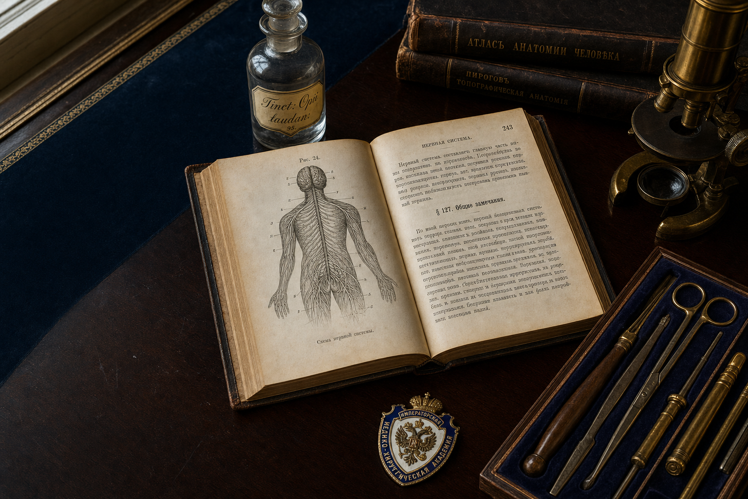 19th-century Russian Imperial medical scene with Cyrillic anatomy atlas, brass microscope, surgical kit, and Imperial Medical-Surgical Academy crest – evoking the Tsarist medical tradition