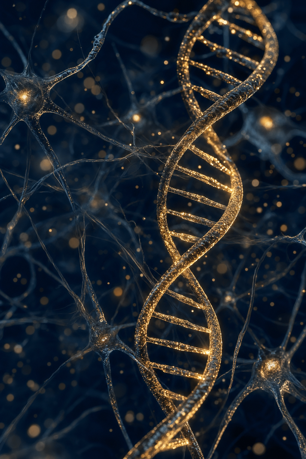 Abstract golden DNA helix intertwined with neural fibers, representing personalized genomic medicine